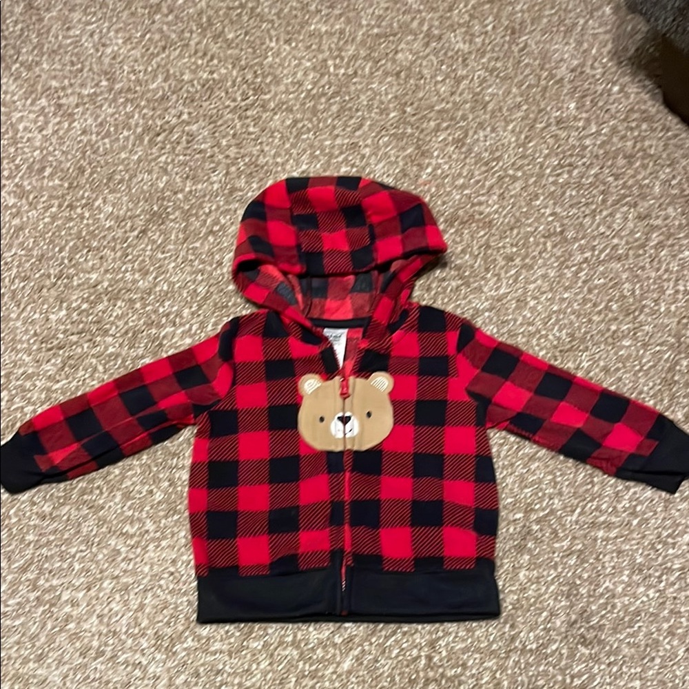 Children's Red Buffalo Plaid Hoodie with Bear Applique